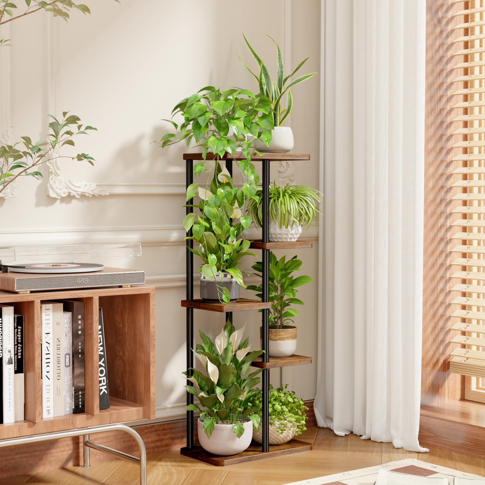 Bamworld metal plant shelf adds modern flair while displaying multiple plants.