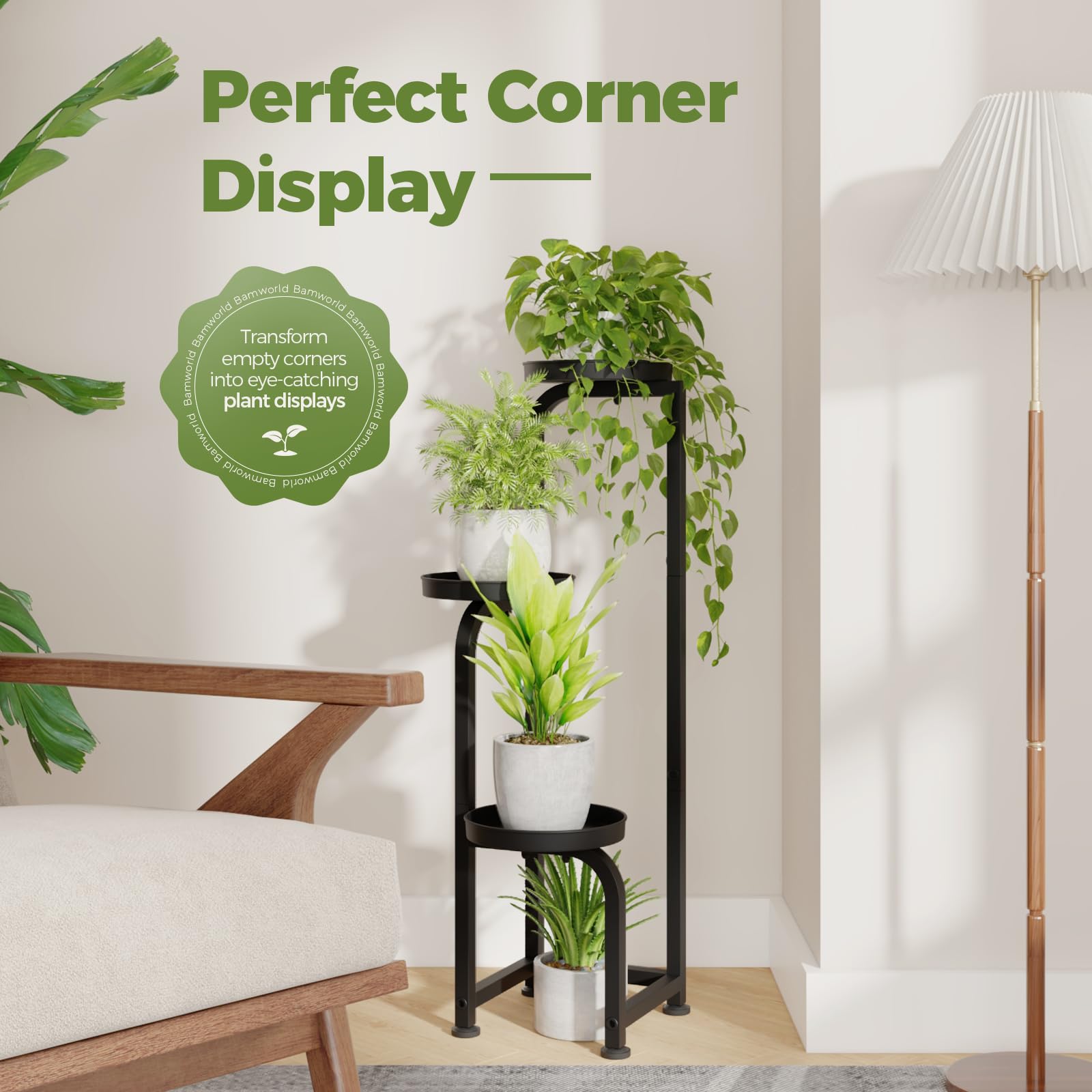 Bamworld metal plant stand, sturdy design for living spaces.