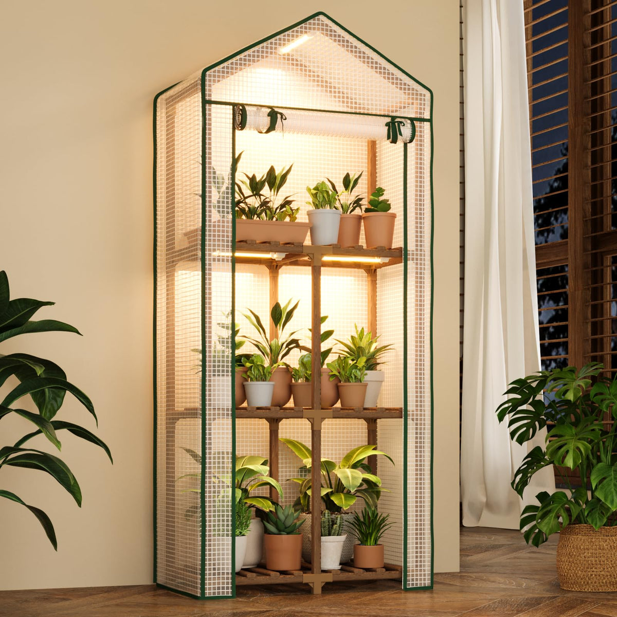 Bamworld mini greenhouse with grow light setup supports healthy seedling growth.