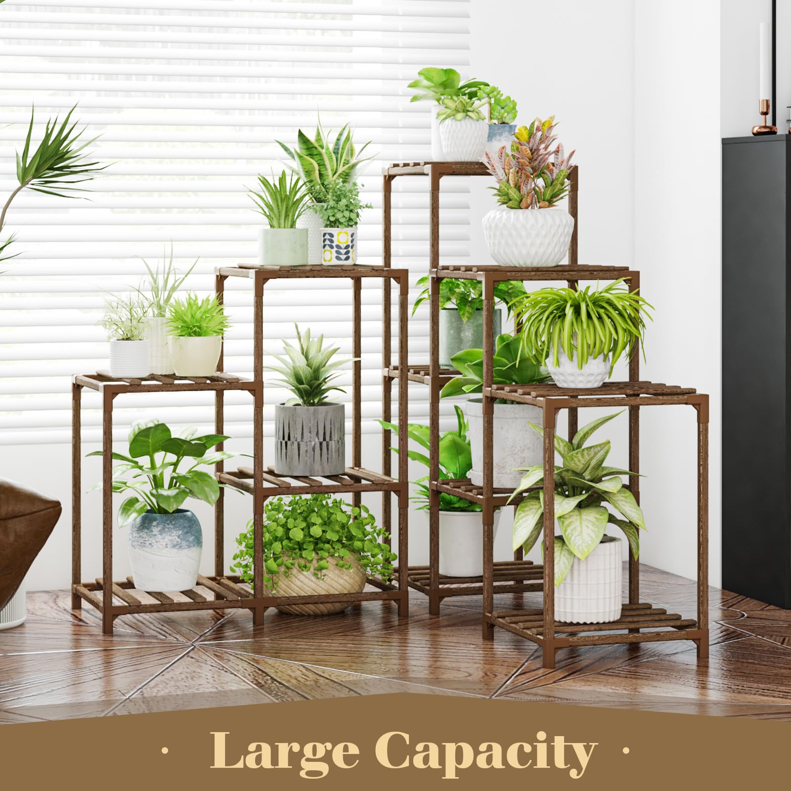 Bamworld multi-level plant display shelves maximize corner space