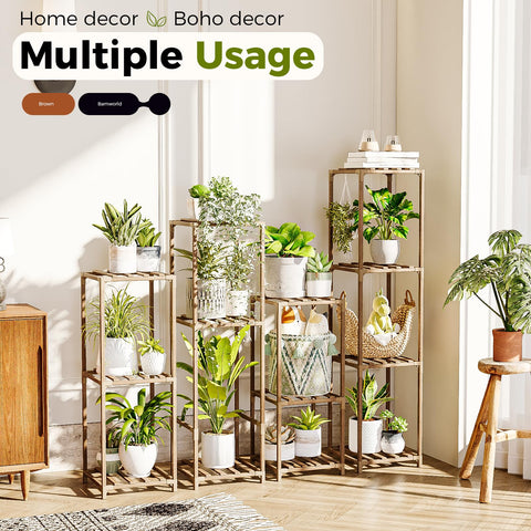 Bamworld multi-level plant shelf outdoor patio demonstrates space-saving organization