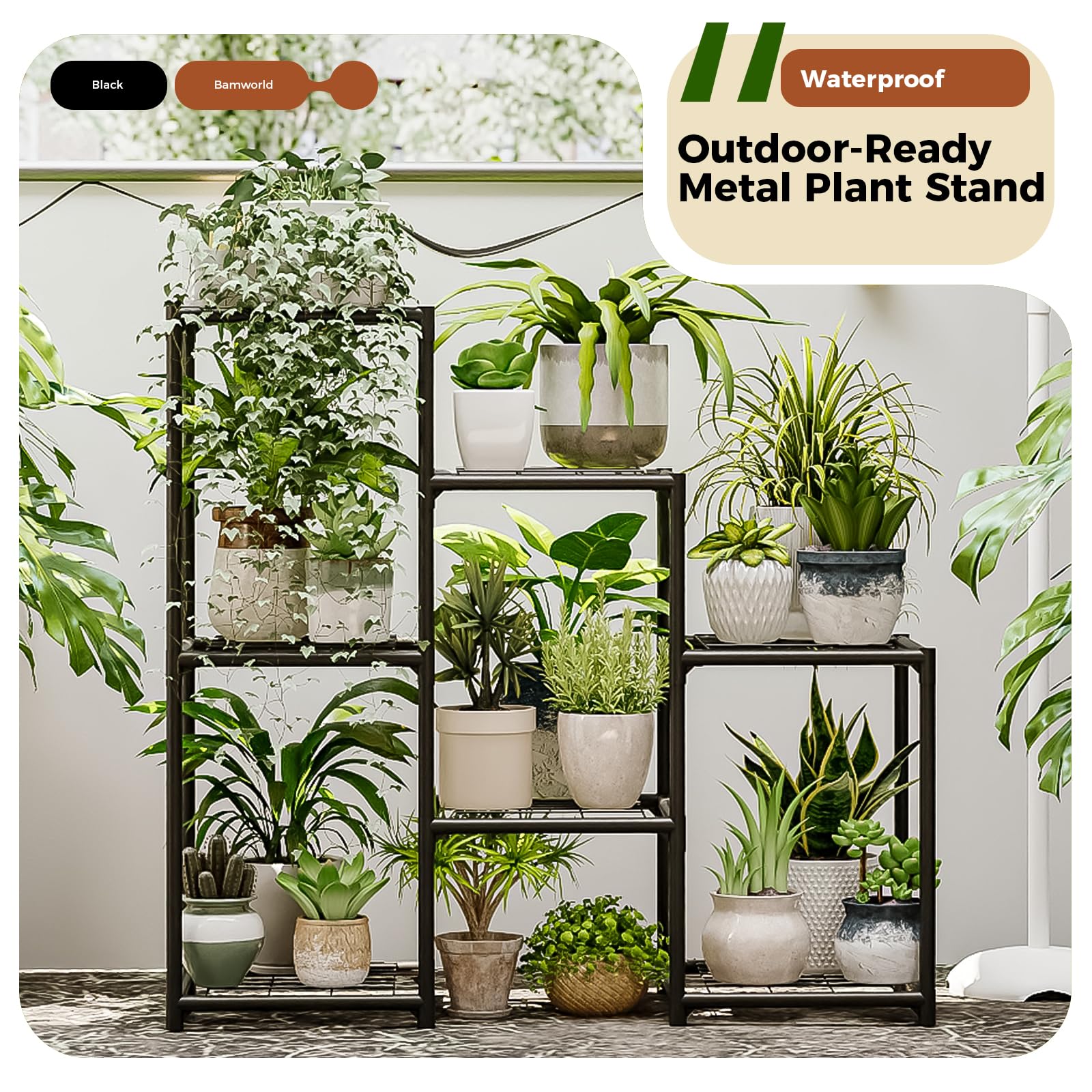 Bamworld outdoor metal plant stand on a patio, weather ready for garden display