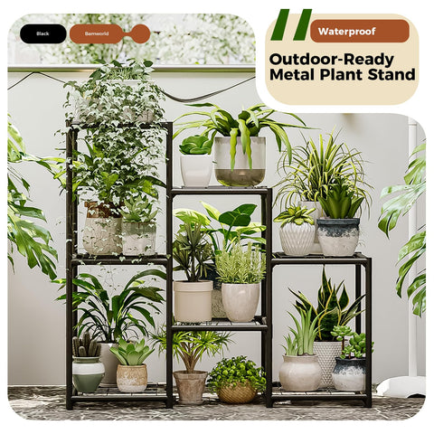 Bamworld outdoor metal plant stand on a patio, weather ready for garden display