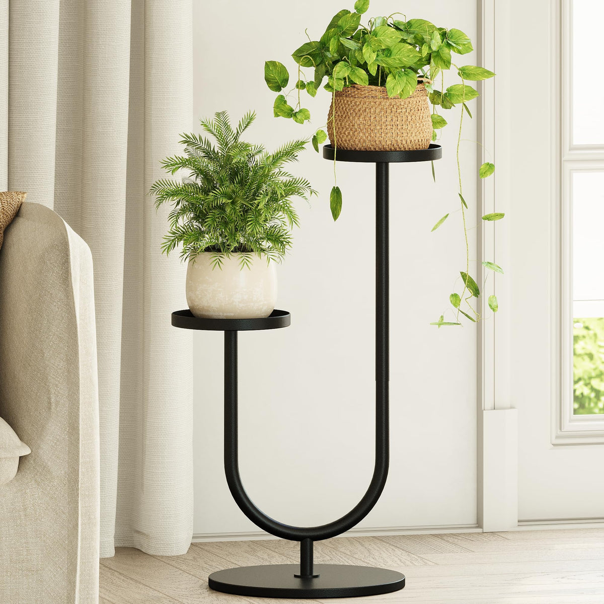 Bamworld 2-tier outdoor plant stand corner design displays two pots with space-saving elegance.
