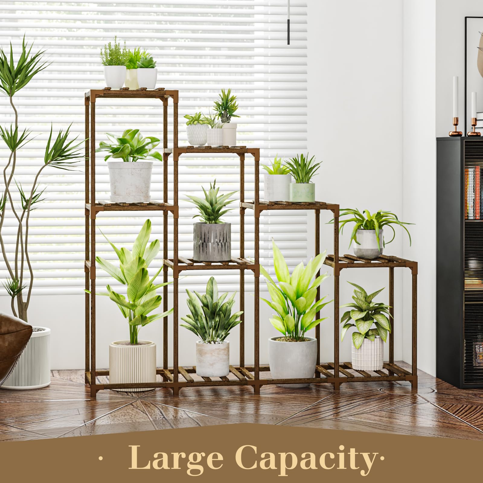 Bamworld plant rack demonstrates triangle-stability design for secure pots.