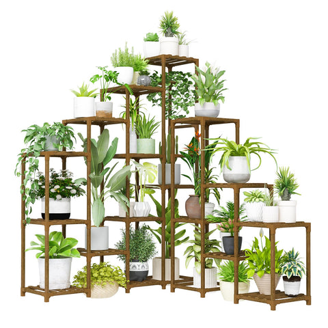 Bamworld plant shelf corner design showcases space-saving display for 16 pots.