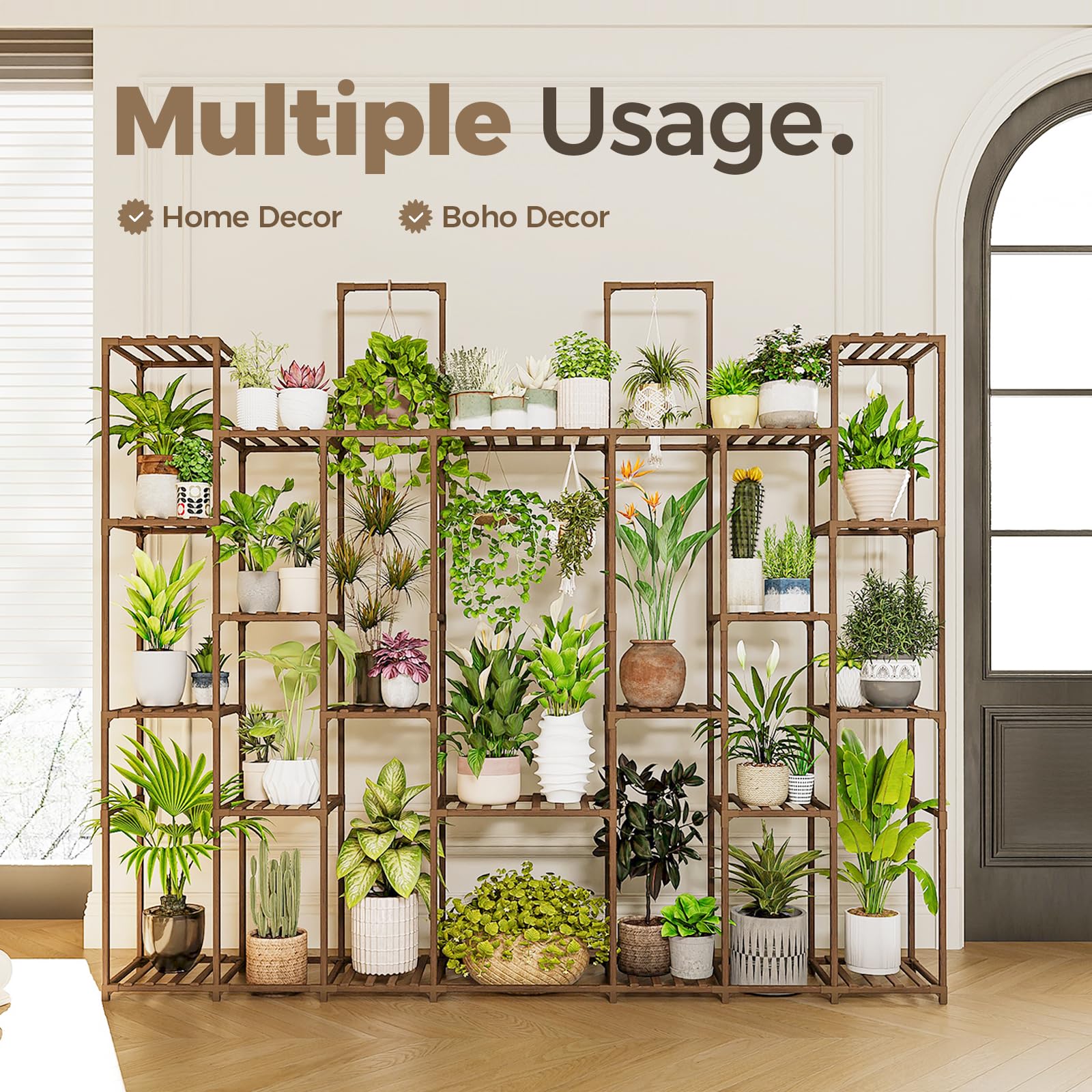 Bamworld plant shelf hanging center highlights elevated arrangement for tall plants