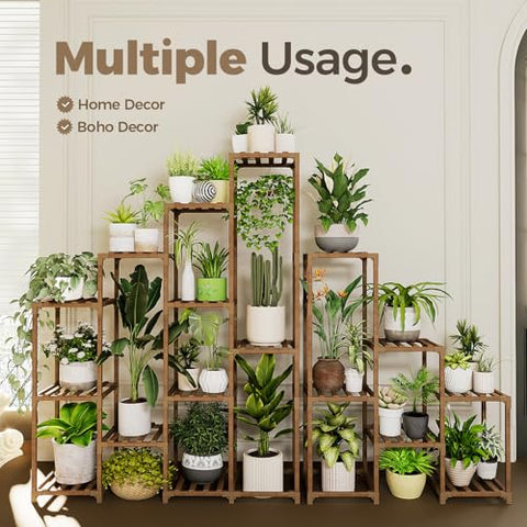 Bamworld plant shelf large-capacity layout holds many pots for lush arrangements.