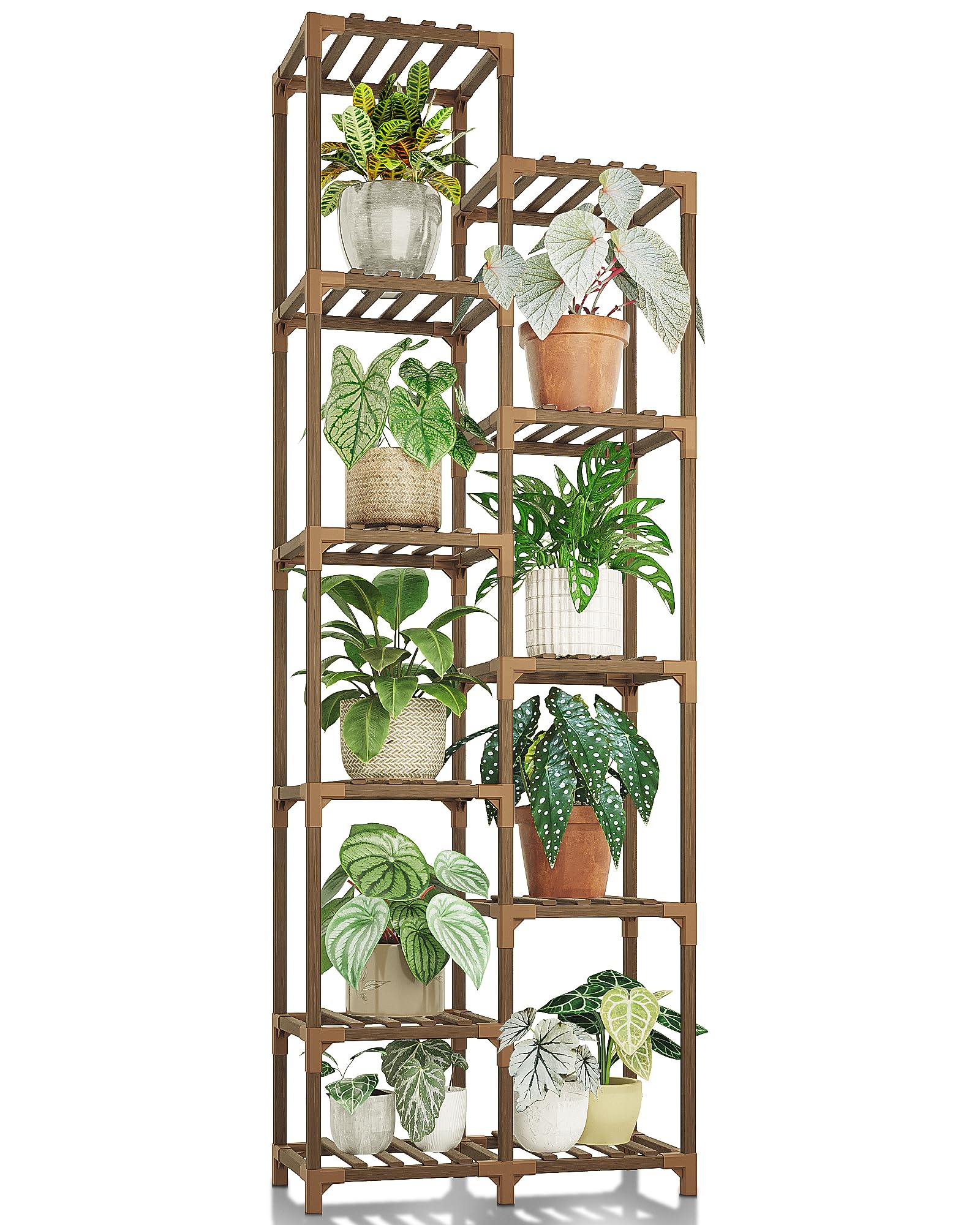 Bamworld 11-tier plant stand offers tall indoor-outdoor display for versatile space use.