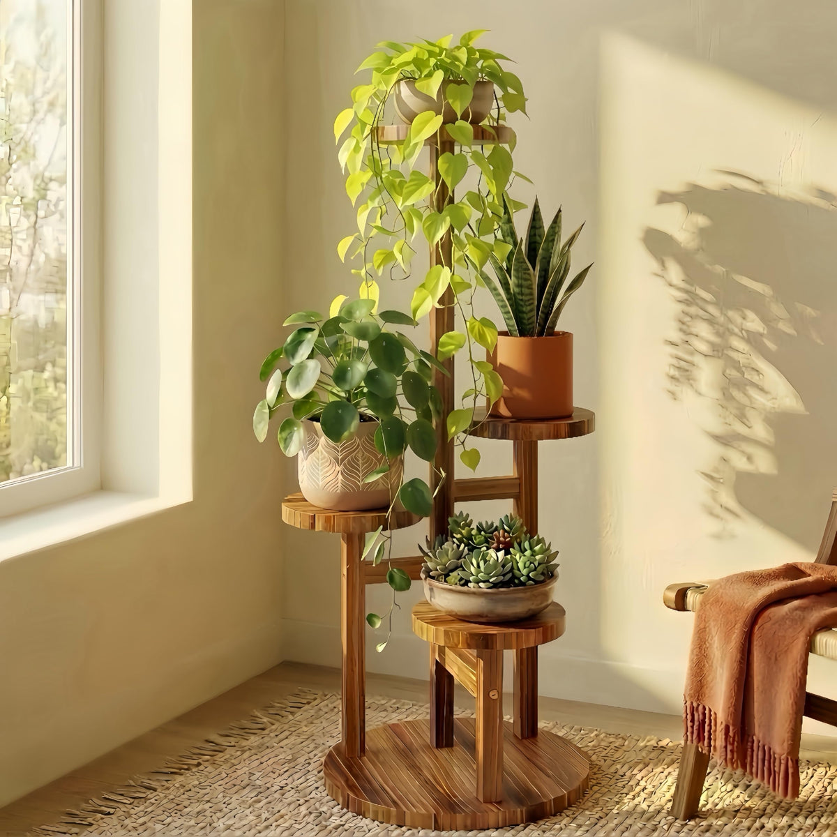 Bamworld four-tier plant stand front view boosts indoor greenery.