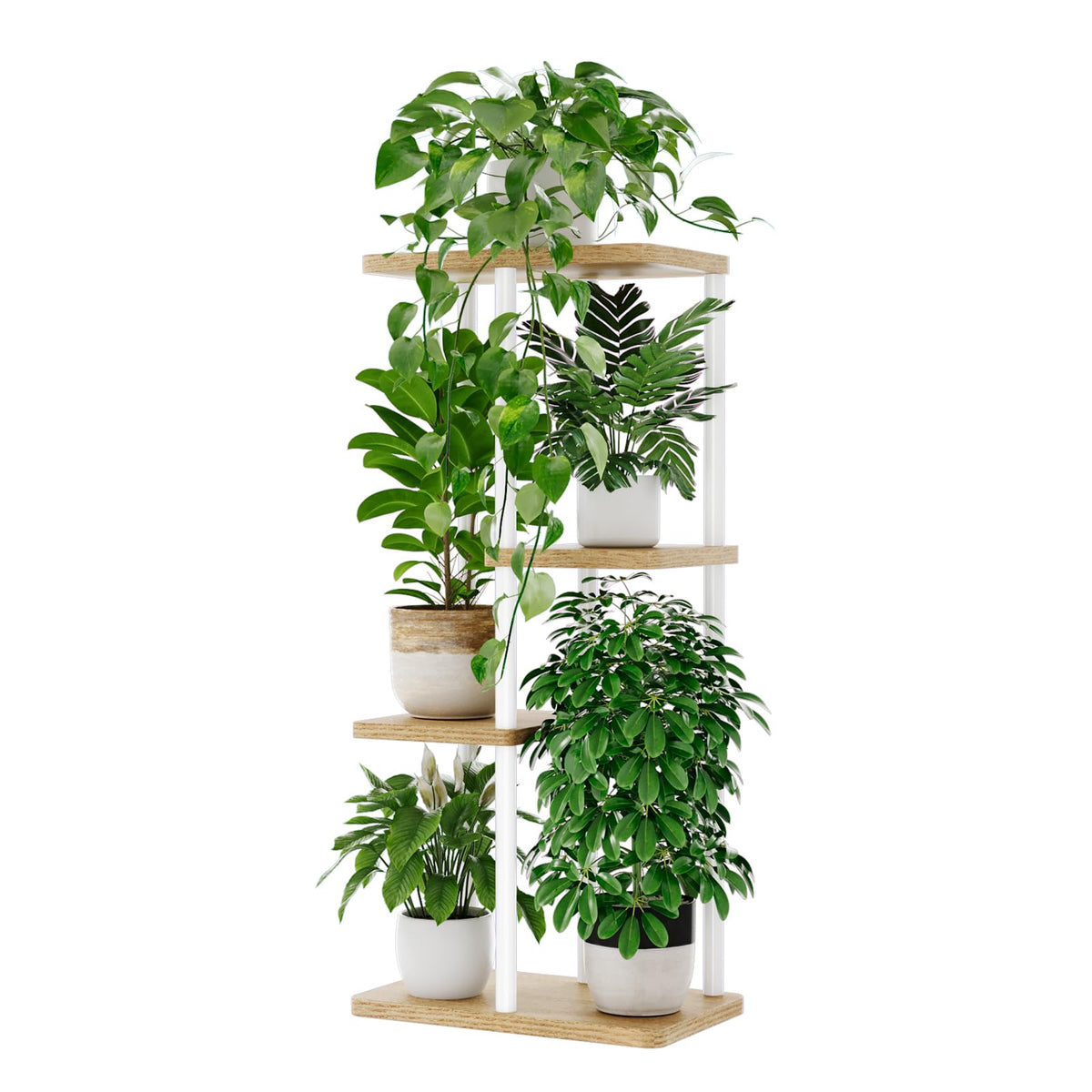 Bamworld plant stand fits a corner with four-tier display in a modern room