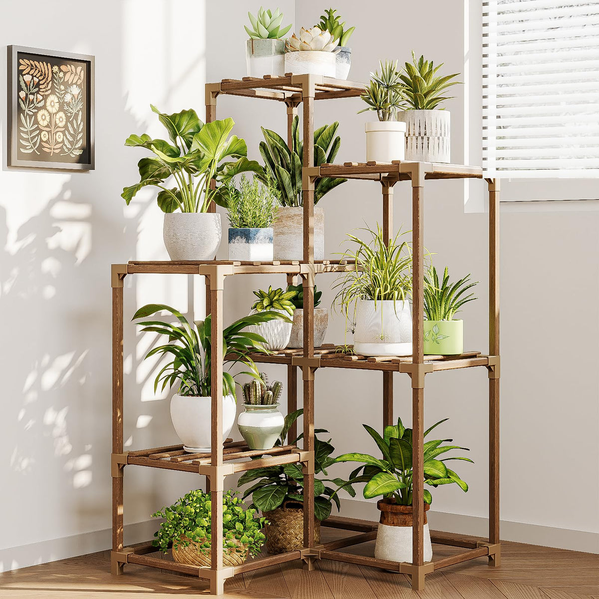 Bamworld 7-shelves corner plant stand displays space-saving greenery in tight rooms.