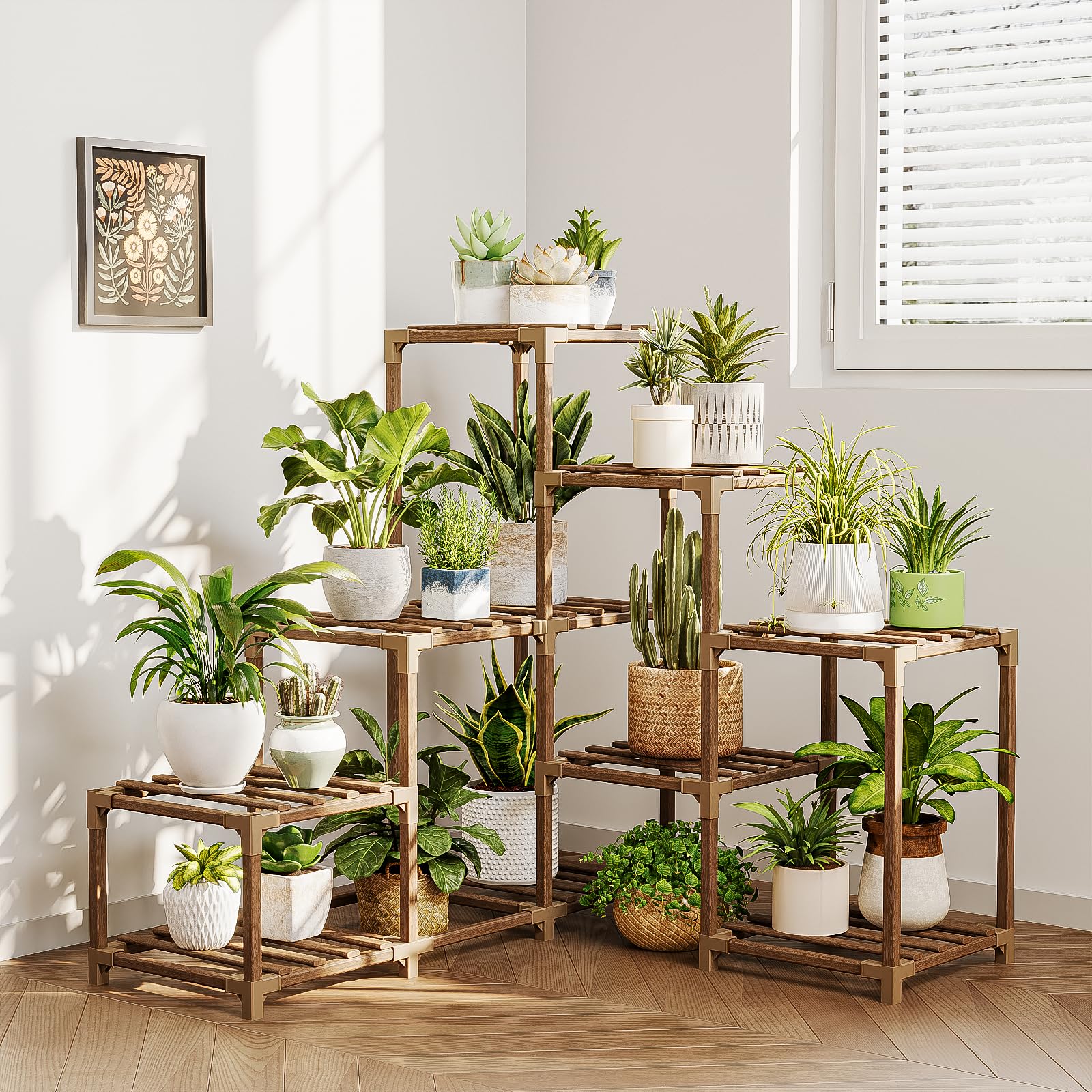 Bamworld plant stand corner display with 10+ pots, ideal for space-saving organization.