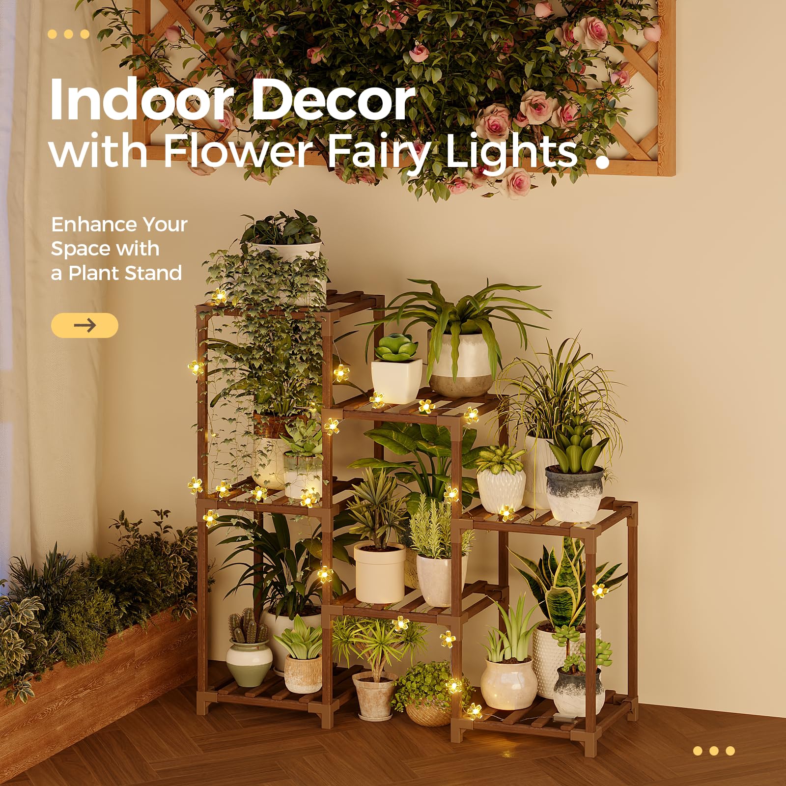 Bamworld plant stand with fairy lights adds gentle ambience with waterproof LEDs.