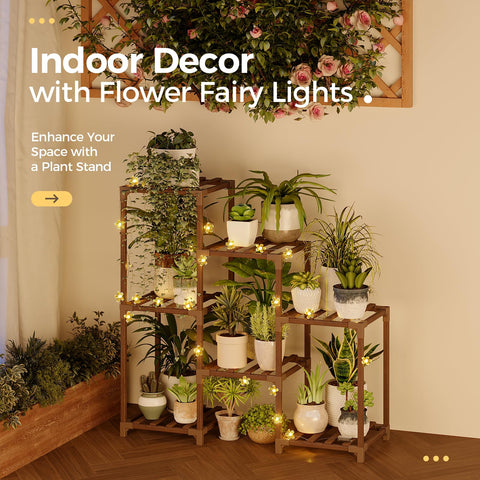 Bamworld plant stand with fairy lights adds gentle ambience with waterproof LEDs.