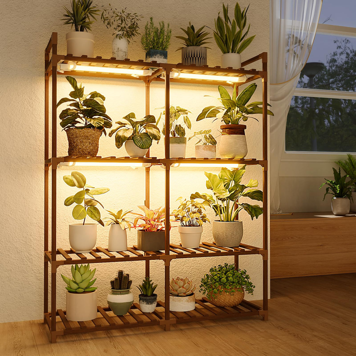 Bamworld plant stand with grow light illuminated for healthier indoor plants
