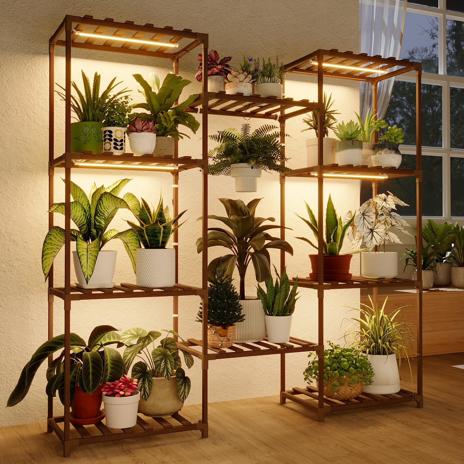 Bamworld plant stand with grow light overview for versatile shelving.