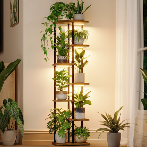 Bamworld plant stand with grow light highlighting indoor greens with full-spectrum LEDs