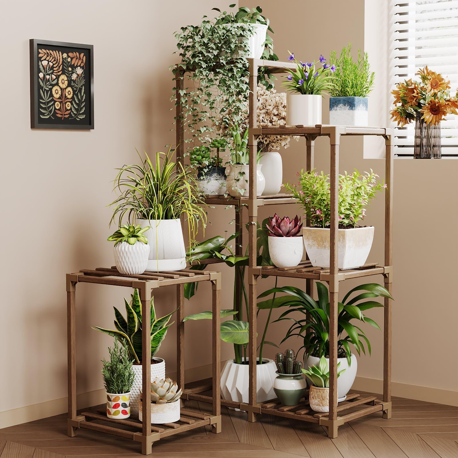 Bamworld plant stand corner shelf displaying multiple pots to maximize space.