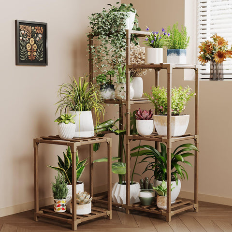 Bamworld plant stand corner shelf displaying multiple pots to maximize space.