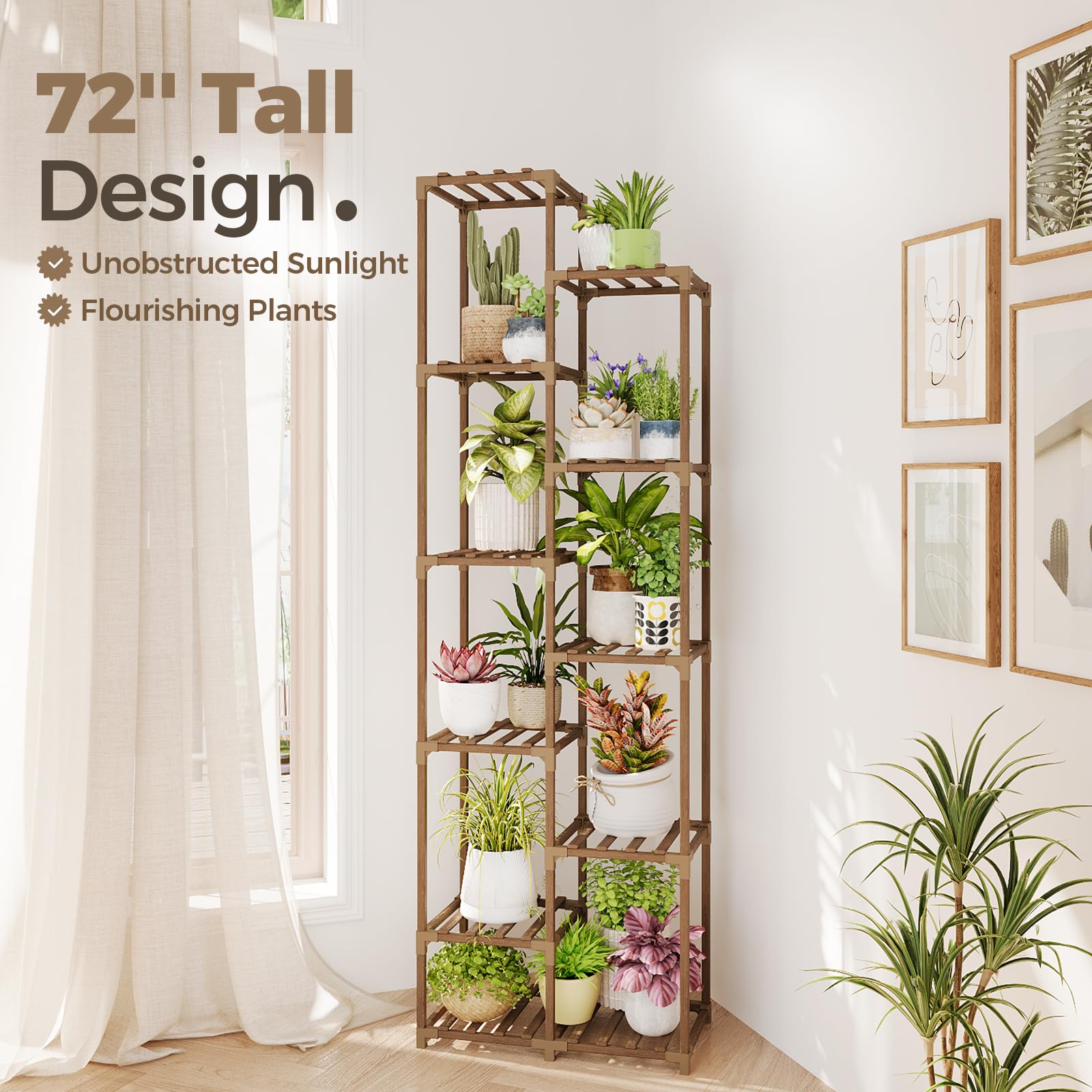 Bamworld plant stand in living room corner provides elevated plant visibility.
