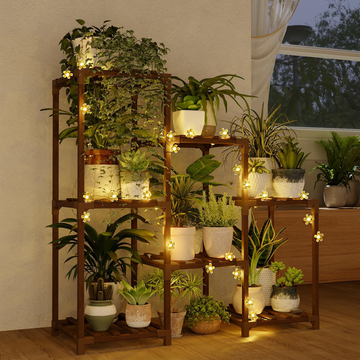 Bamworld plant stand with a 3-tier wooden ladder displays seven pots for vibrant indoor decor.