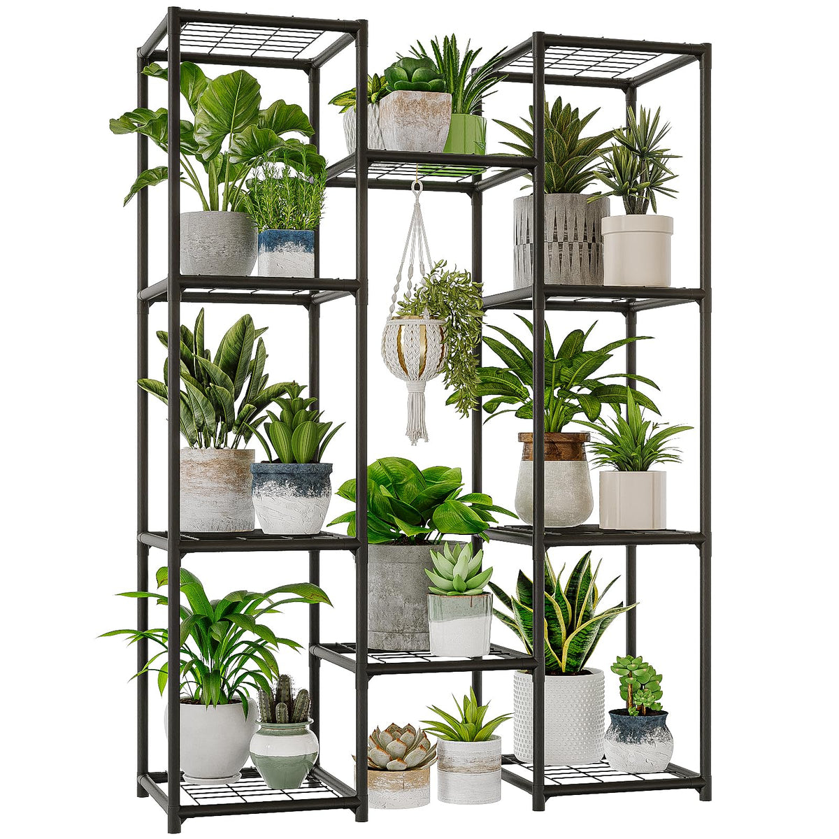 Bamworld outdoor metal plant stand displays multiple pots for garden organization.