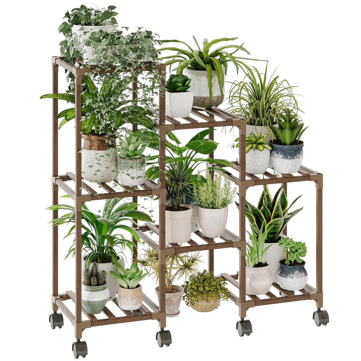 Bamworld seven-pot plant stand on wheels displaying a full multi-pot arrangement