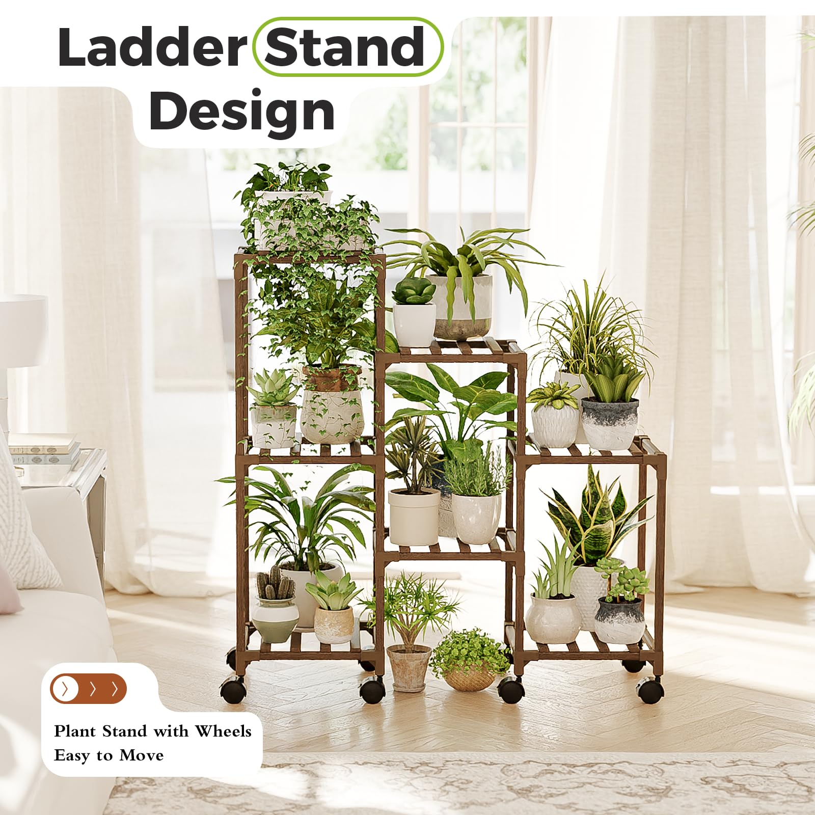 Bamworld plant stand with wheels during assembly, screw-free design shown