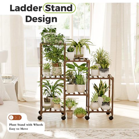Bamworld plant stand with wheels during assembly, screw-free design shown