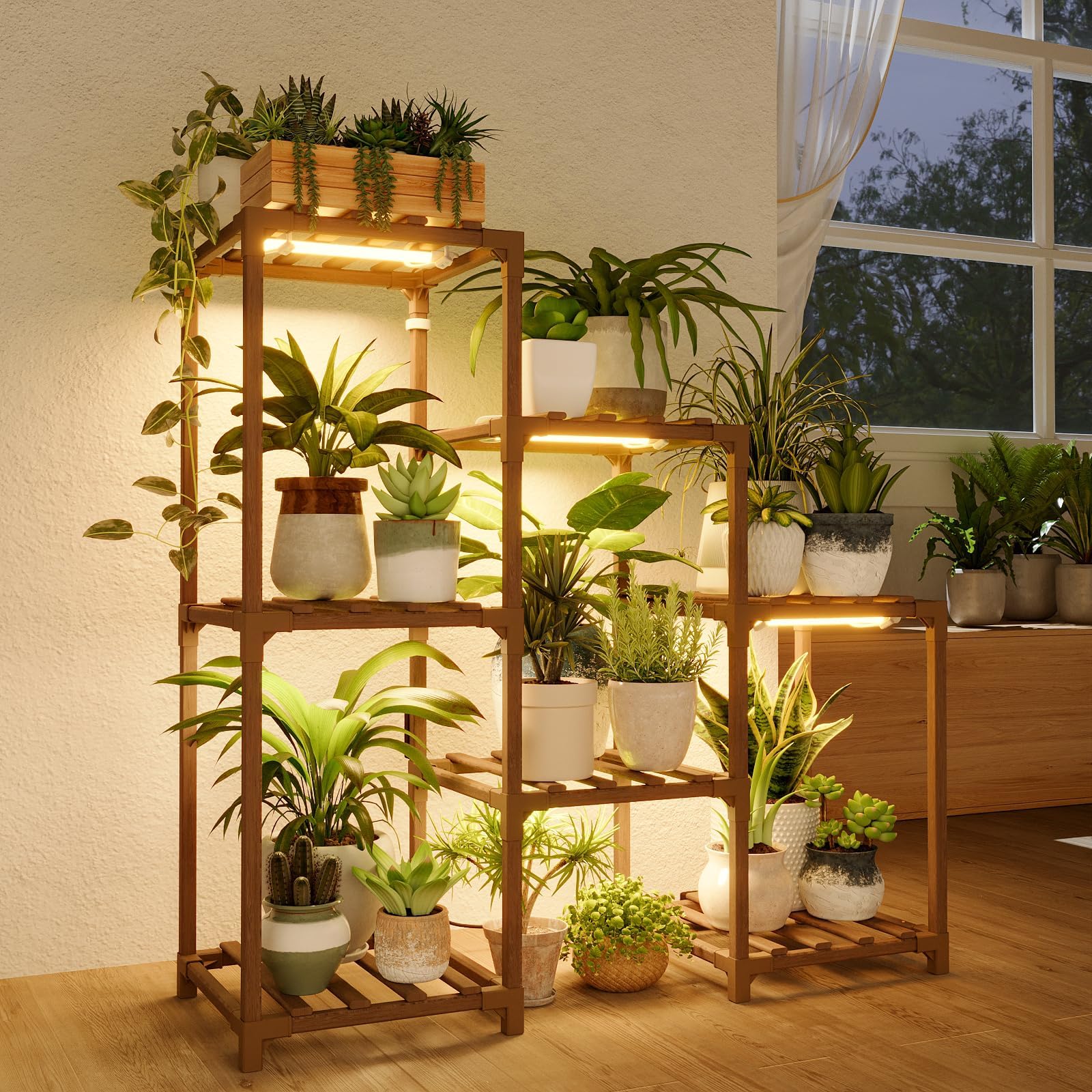 Bamworld plant stand with grow light showcasing the three-tier arrangement for indoor greenery.
