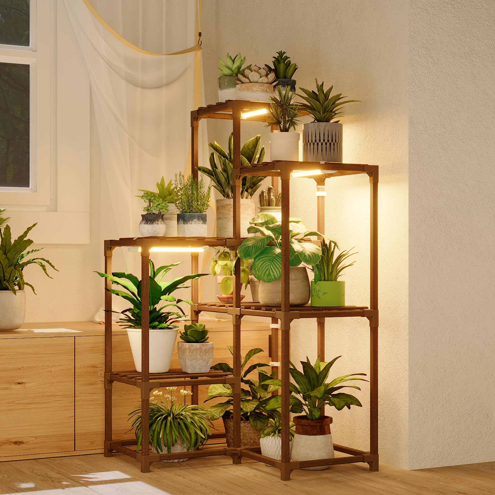 Bamworld plant stand with grow light in a corner for thriving indoor greenery.