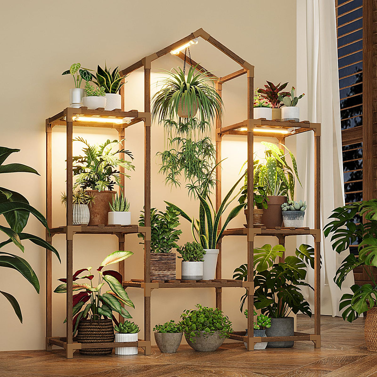 Bamworld plant stand with grow light front view showing thriving indoor greens.