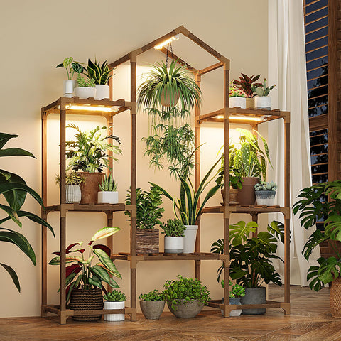 Bamworld plant stand with grow light front view showing thriving indoor greens.