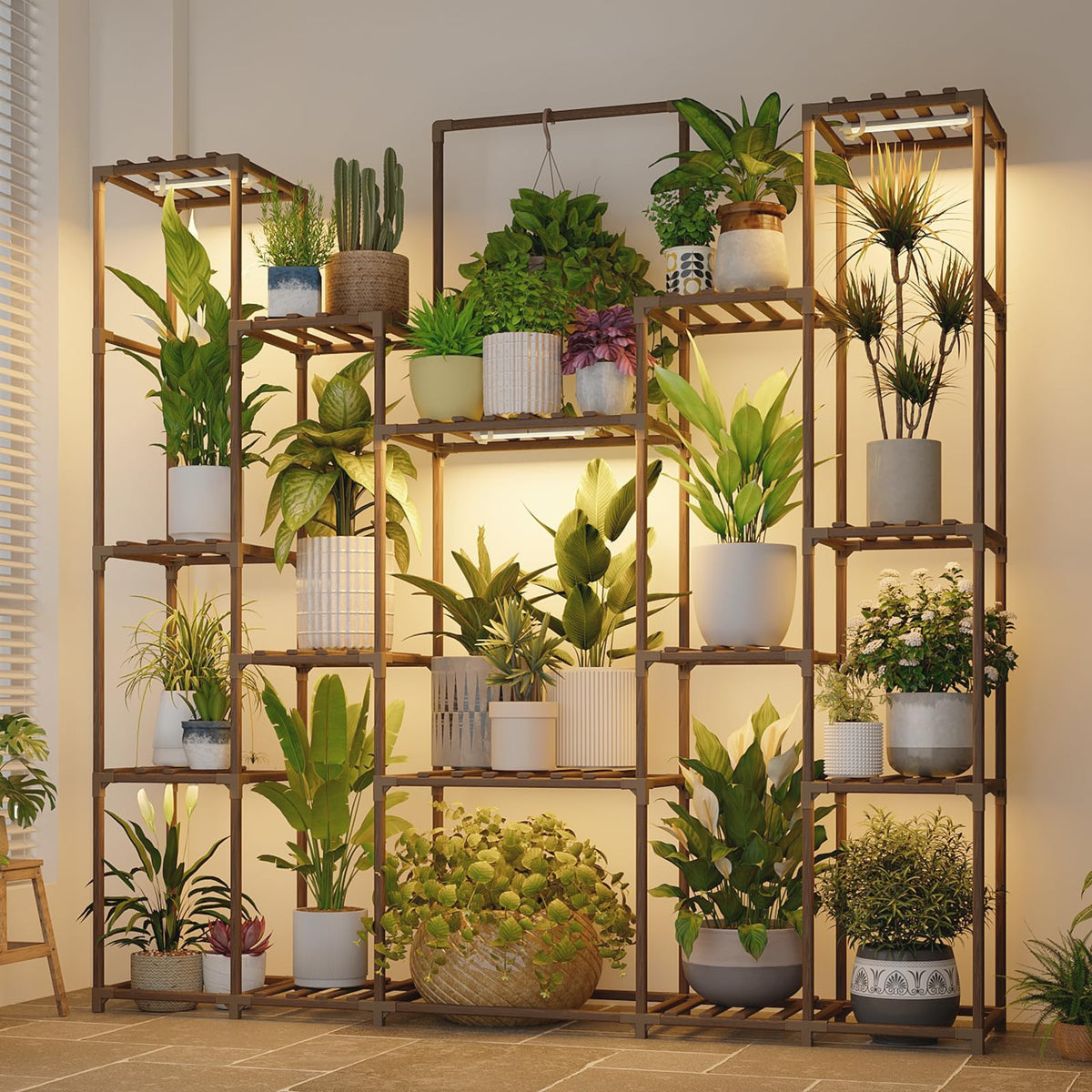 Bamworld plant stand with grow lights showcasing a vibrant indoor 17-tier display