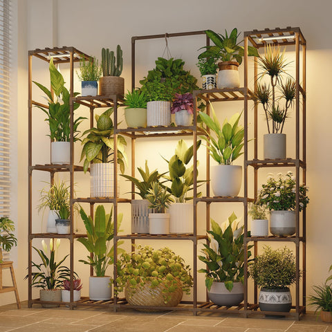 Bamworld plant stand with grow lights showcasing a vibrant indoor 17-tier display