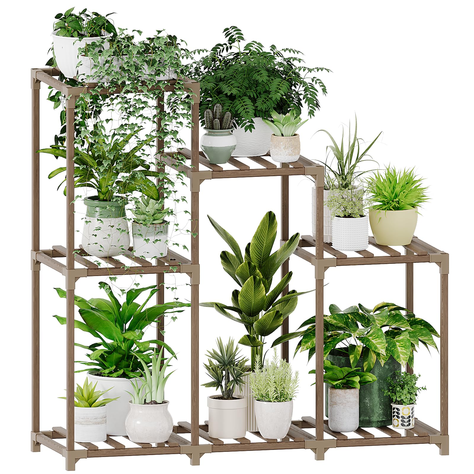 Bamworld plant stand with seven-pots display enhances indoor greenery and sunlight exposure.
