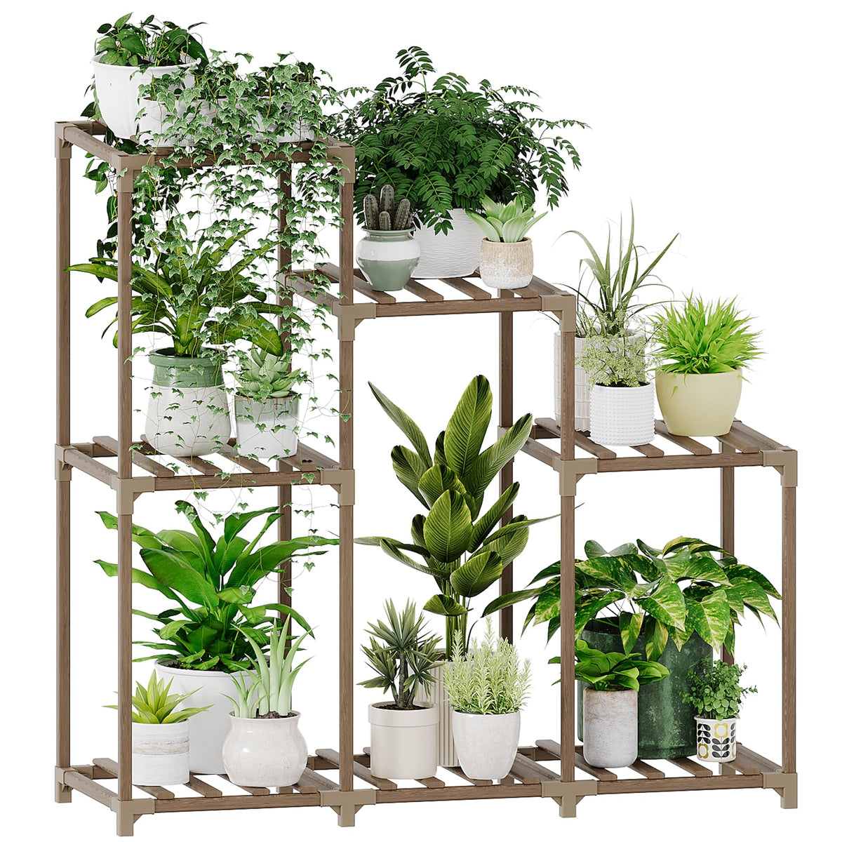 Bamworld plant stand with seven-pots display enhances indoor greenery and sunlight exposure.