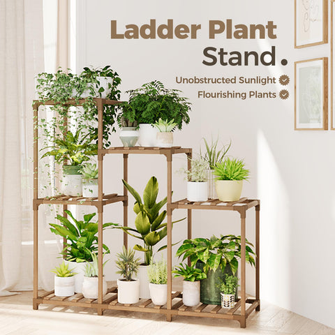 Bamworld wood ladder shelf for indoor use creates a stylish balcony garden.
