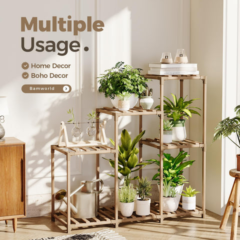 Bamworld outdoor-ready plant rack organizes pots while adding natural boho charm.