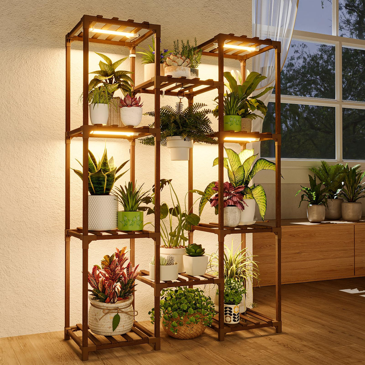 Bamworld plant table with grow light showing three-mode lighting for healthy seedlings.