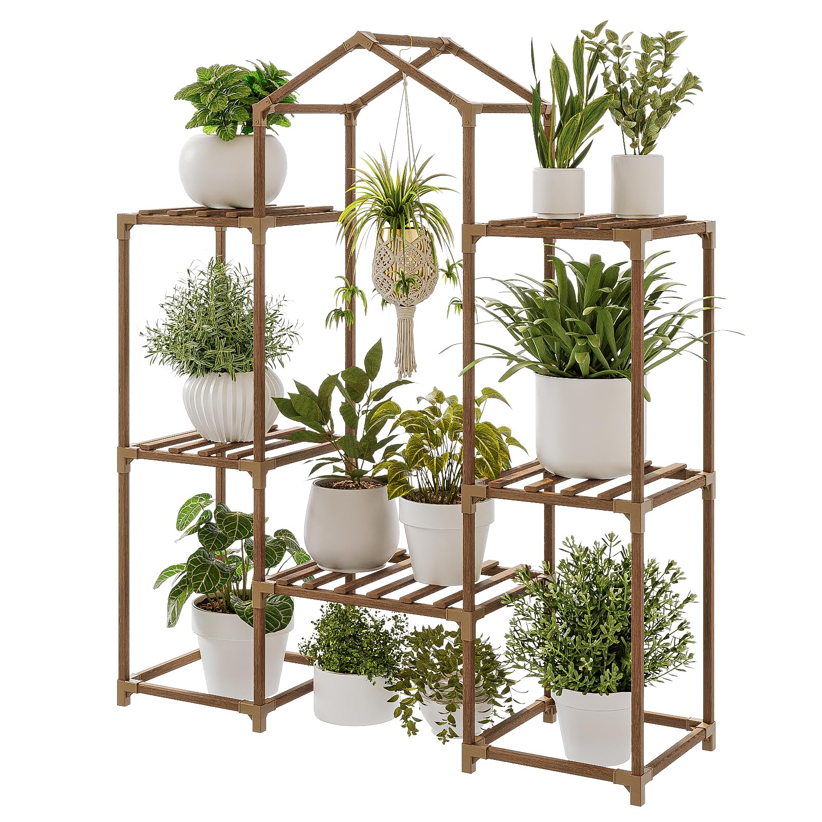 Bamworld roof-shaped indoor plant stand showcases plants in a stylish hanging display.