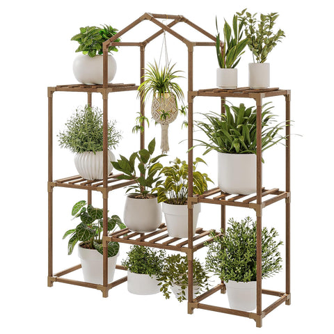 Bamworld roof-shaped indoor plant stand showcases plants in a stylish hanging display.