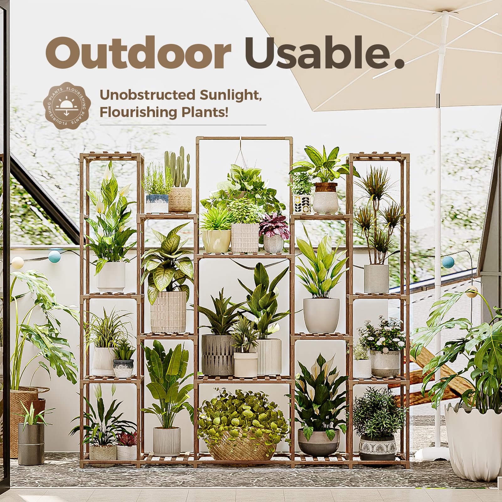 Bamworld shelf ledges show 15.3 inch spacing for larger pots.