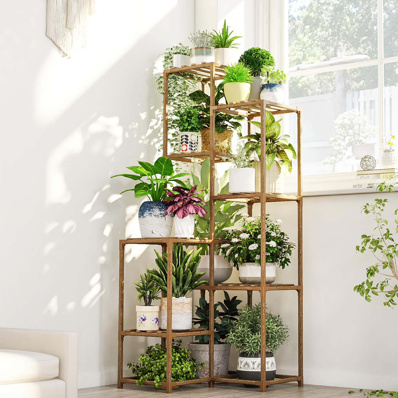Bamworld tall corner plant stand saves floor space with multi-tier pot display