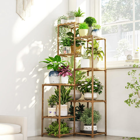 Bamworld tall corner plant stand saves floor space with multi-tier pot display