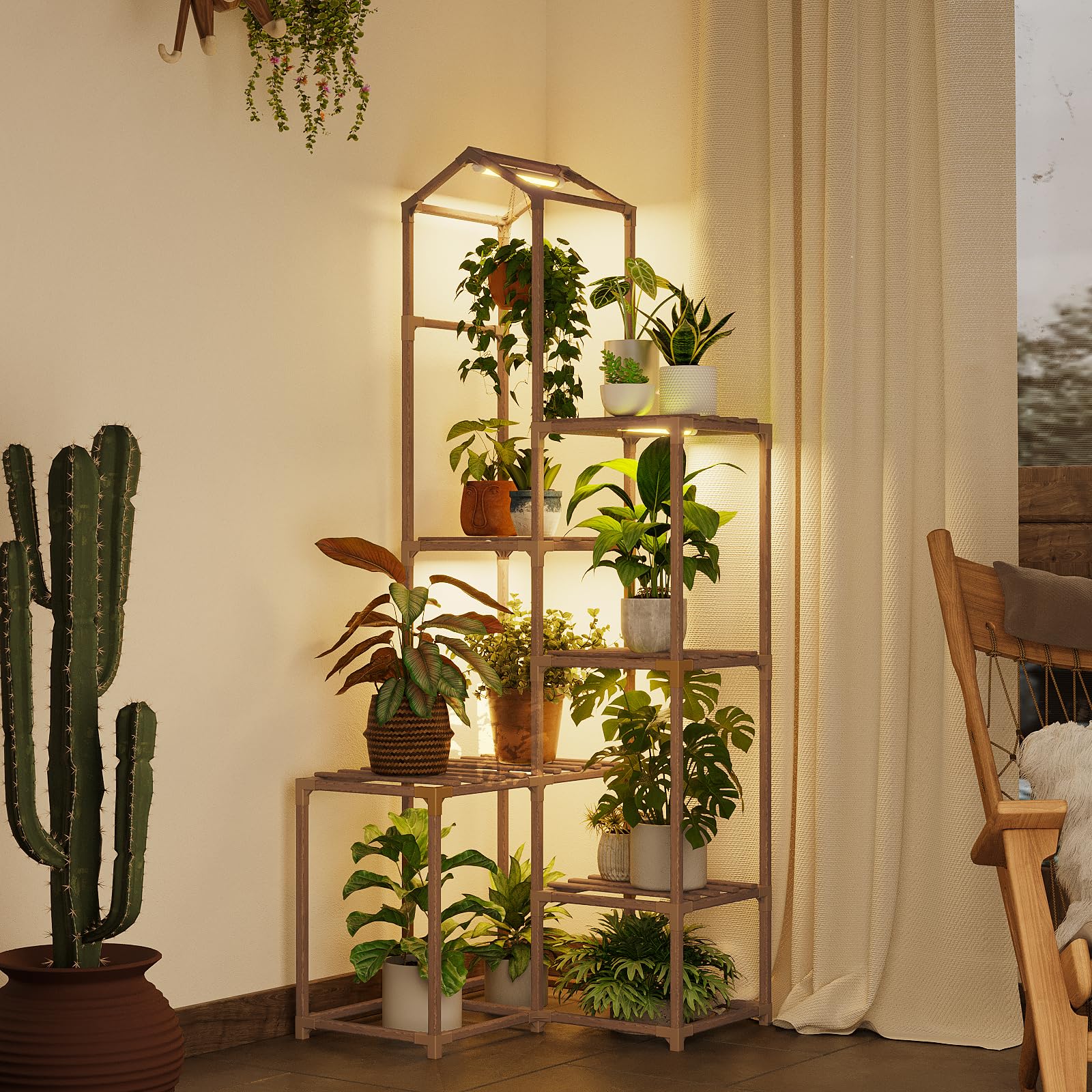 Bamworld tall corner plant stand with grow light displaying multiple plants elegantly