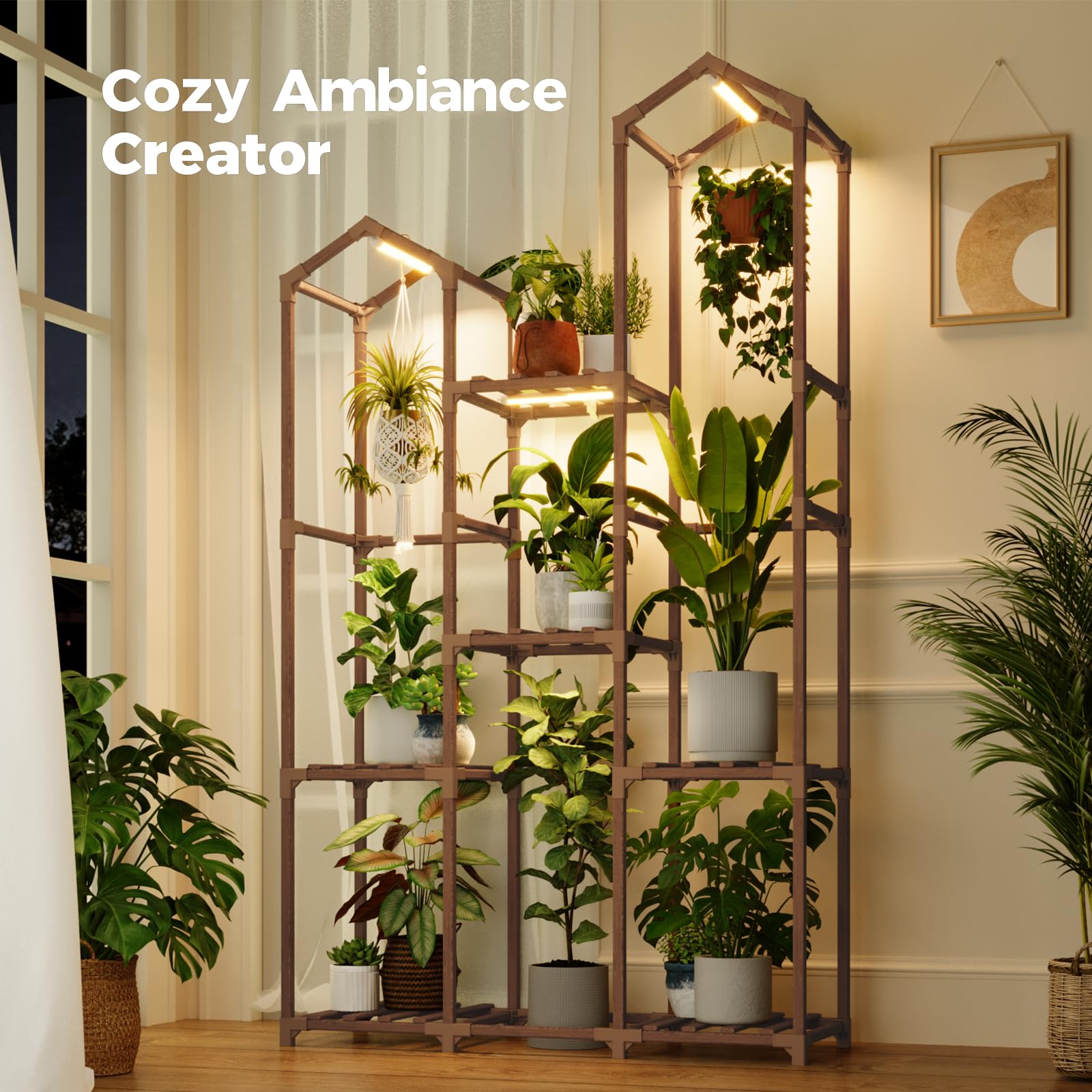 Bamworld tall plant holder for indoor spaces with warm light creates a cozy display.