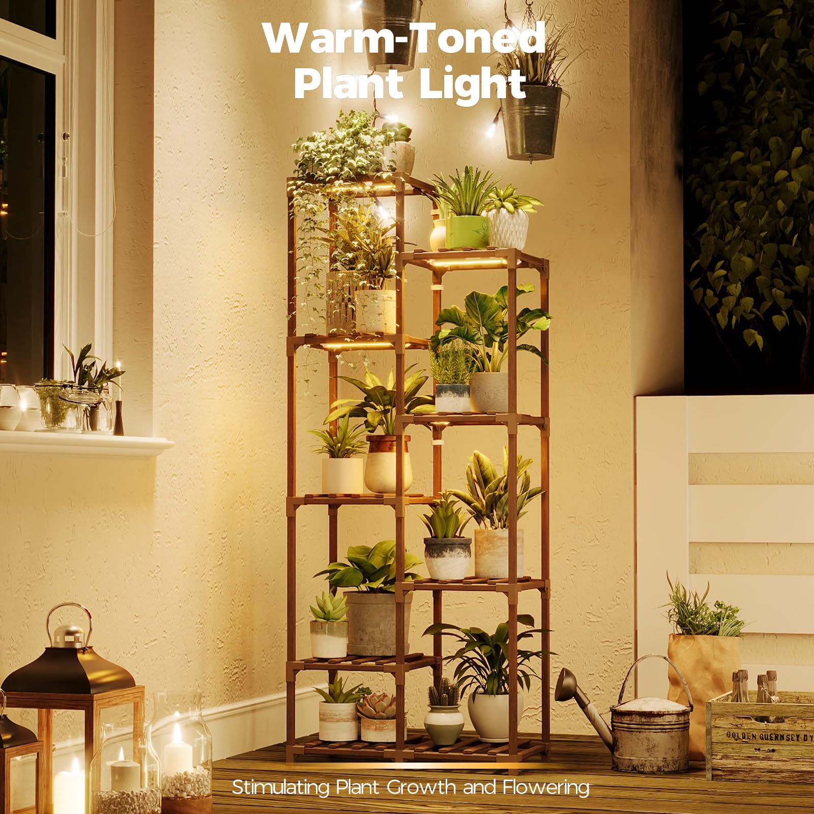 Bamworld tall plant rack maximizing vertical space for multiple pots.