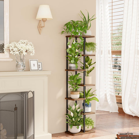 Bamworld tall plant stand side angle highlights sturdy metal construction.